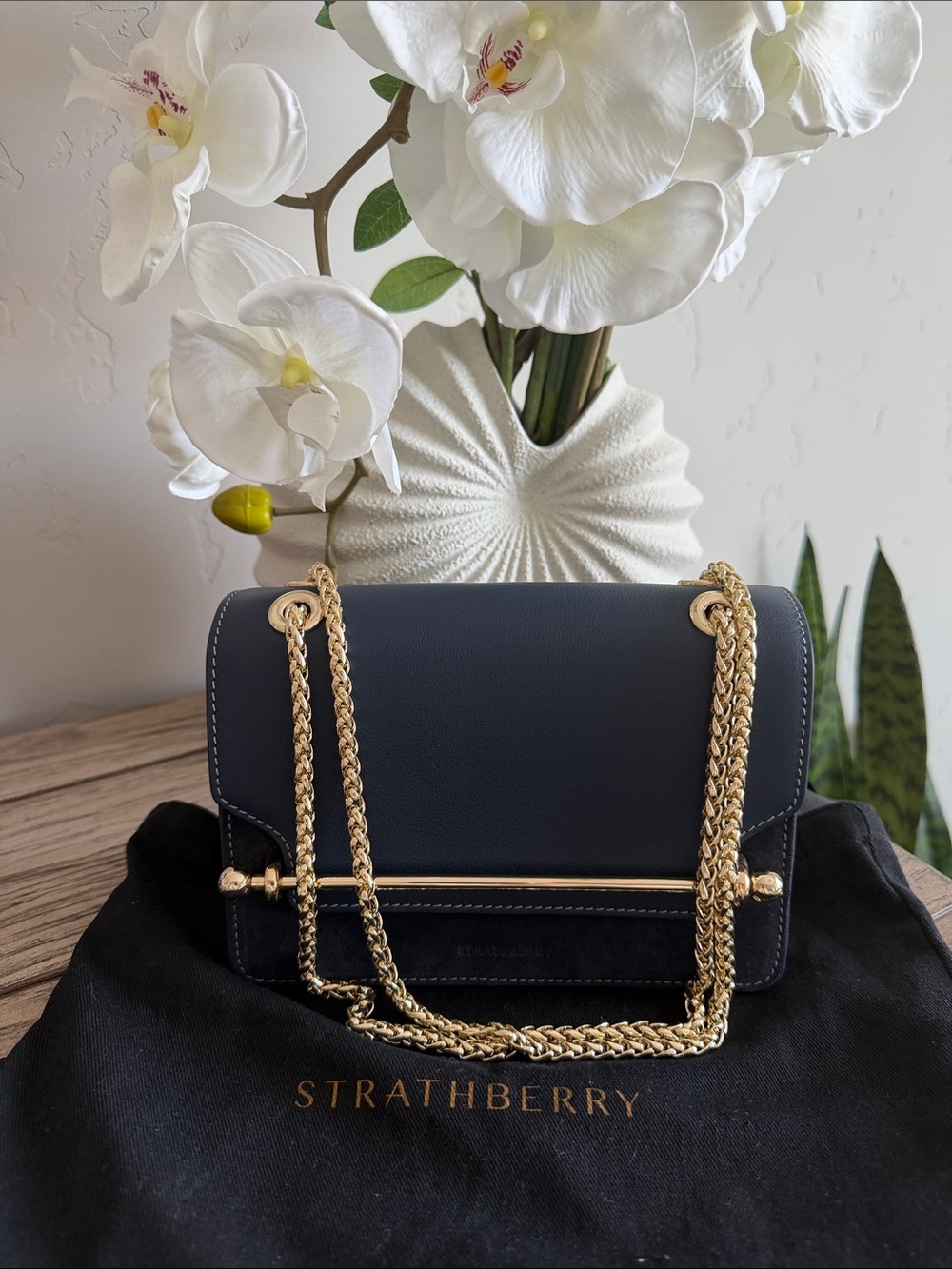 Strathberry Navy Leather Shoulder Bag with Gold Hardware and Chain